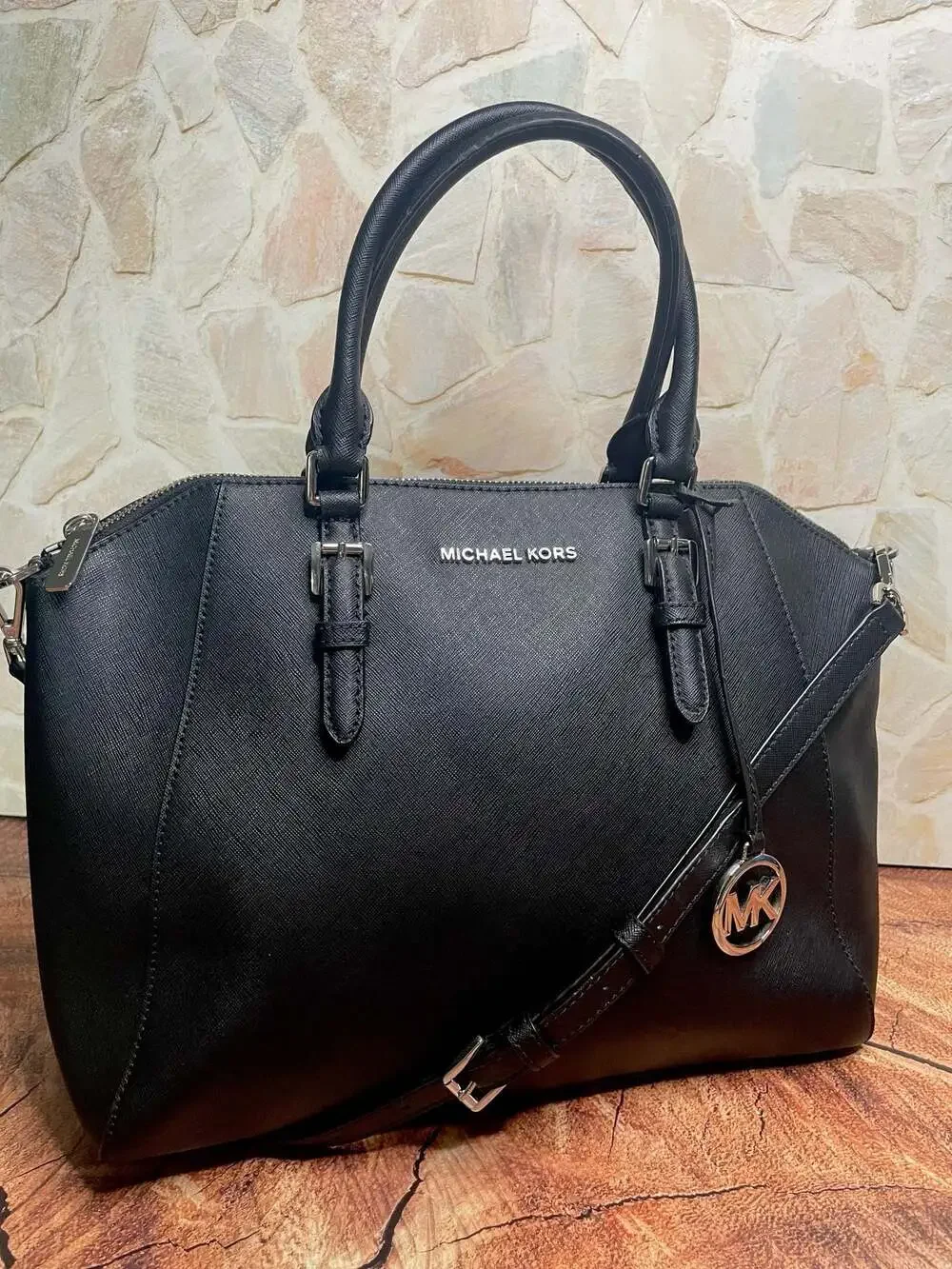 Michael Kors Charlotte Large Saffiano Leather Satchel Crossbody Bag Black